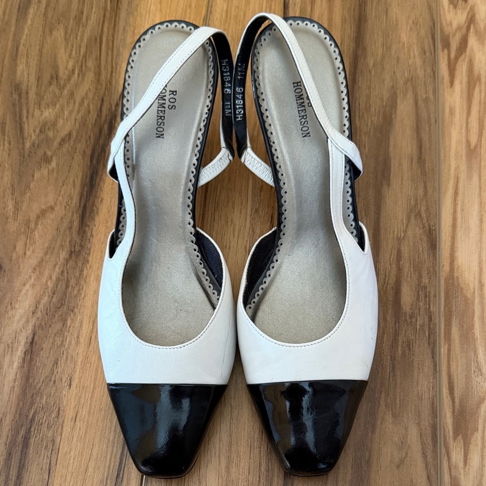 Ros Hommerson White and Black Pointed Toe Slingback Heels size 1176
